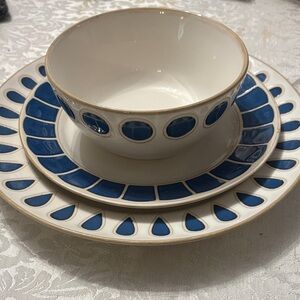 Blue and White Ceramic Dinnerware Bowl and Plates Set